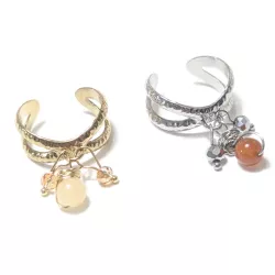 Bague Omega dorée ou argentée avec pendentifs en pierres naturelles et perles de verre, style bohème