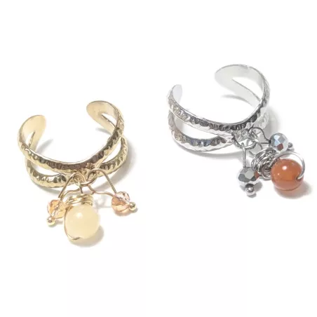 Bague Omega dorée ou argentée avec pendentifs en pierres naturelles et perles de verre, style bohème