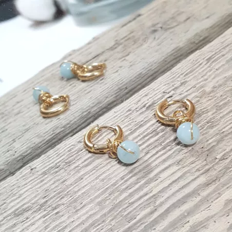Boucles créoles Omega en acier inoxydable avec pierre naturelle – Bouly&Cailloux, aigue-marine