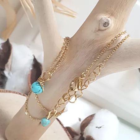 Collier pendentif Omega en pierre naturelle et acier inoxydable doré et turquoise