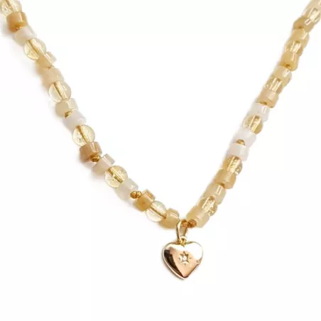 Collier Mimi en plaqué-or en pierres miyuki et pendentif coeur