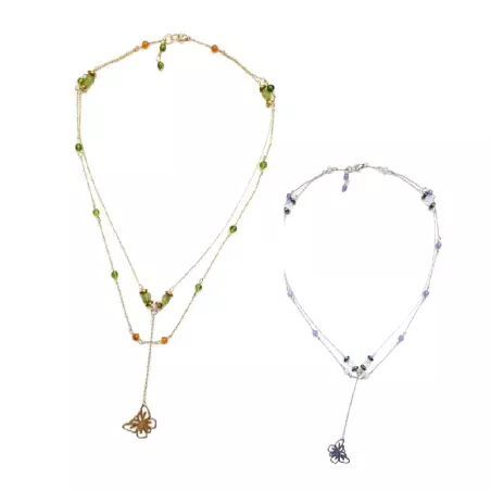 Collier Tircis double rang en pierres naturelles avec pendentif papillon