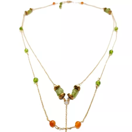Collier Tircis double rang en pierres naturelles avec pendentif papillon