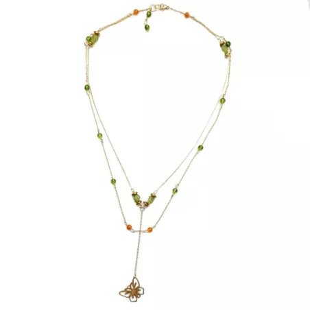 Collier Tircis double rang en pierres naturelles avec pendentif papillon