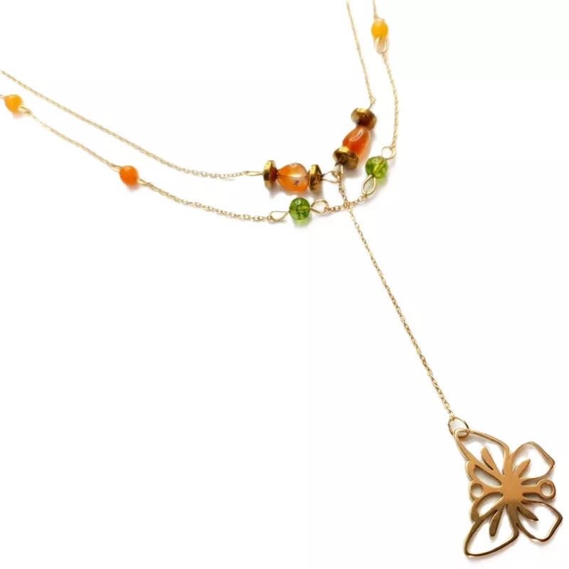 Collier Tircis double rang en pierres naturelles avec pendentif papillon Collier Tircis double rang en pierres naturelles avec pendentif papillon