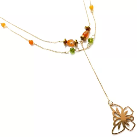 Collier Tircis double rang en pierres naturelles avec pendentif papillon