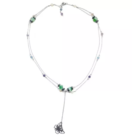 Collier Tircis double rang en pierres naturelles avec pendentif papillon