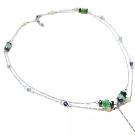 Collier Tircis double rang en pierres naturelles avec pendentif papillon