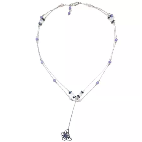 Collier Tircis double rang en pierres naturelles avec pendentif papillon