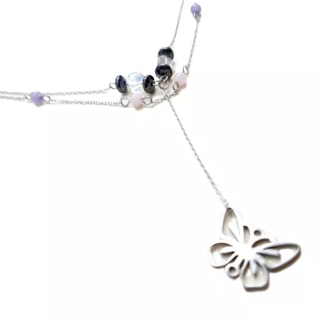Collier Tircis double rang en pierres naturelles avec pendentif papillon