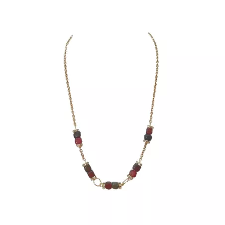 Collier doré avec strass et perles agates rouges et vertes – Bouly&Cailloux