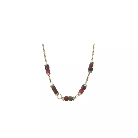 Collier doré avec strass et perles agates rouges et vertes – Bouly&Cailloux