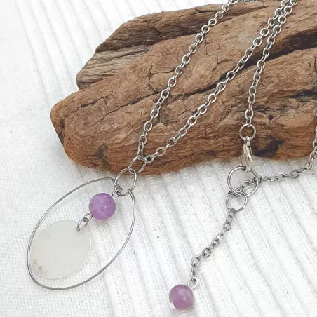 Collier Bouly&Cailloux en acier inoxydable argenté, pendentif rond, perle de calcédoine lilas et pétale de nacre