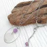 Collier Bouly&Cailloux en acier inoxydable argenté, pendentif rond, perle de calcédoine lilas et pétale de nacre