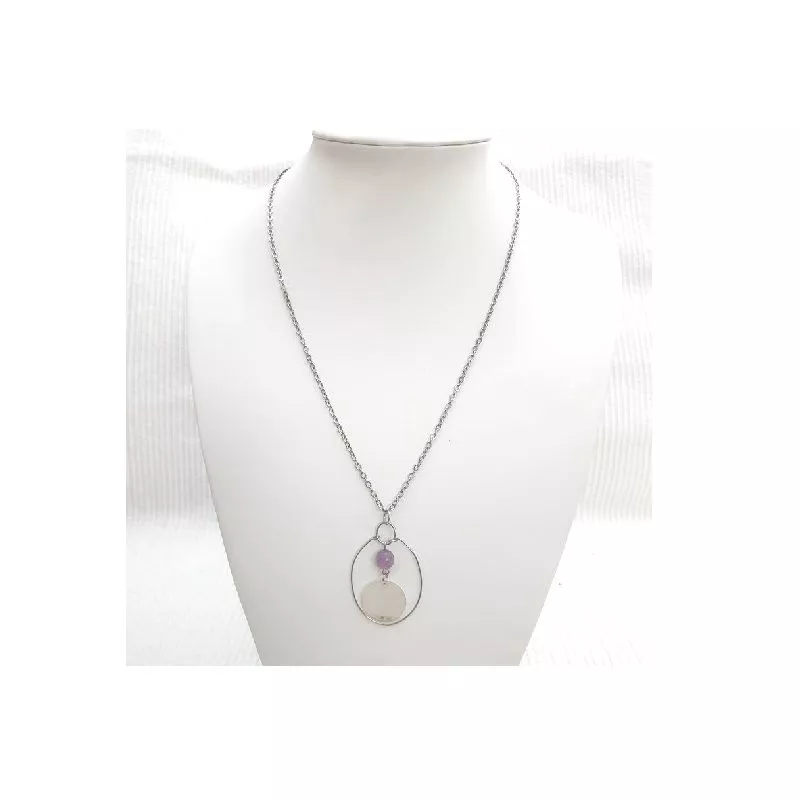 Collier Bouly&Cailloux en acier inoxydable argenté, pendentif rond, perle de calcédoine lilas et pétale de nacre Collier Bouly&Cailloux en acier inoxydable argenté, pendentif rond, perle de calcédoine lilas et pétale de nacre