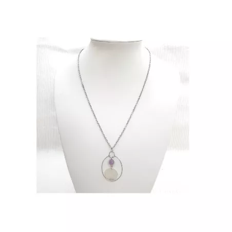 Collier Bouly&Cailloux en acier inoxydable argenté, pendentif rond, perle de calcédoine lilas et pétale de nacre