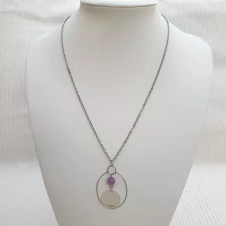 Collier Bouly&Cailloux en acier inoxydable argenté, pendentif rond, perle de calcédoine lilas et pétale de nacre