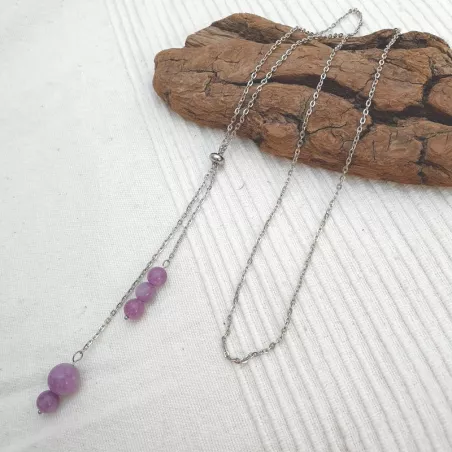 Collier sautoir lilas en calcédoine naturelle 65 cm avec pendants Bouly&Cailloux