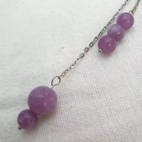 Collier sautoir lilas en calcédoine naturelle 65 cm avec pendants Bouly&Cailloux