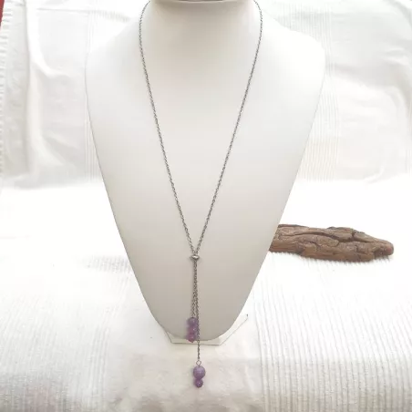 Collier sautoir lilas en calcédoine naturelle 65 cm avec pendants Bouly&Cailloux
