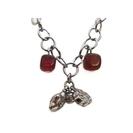 Collier moderne en acier inoxydable argent avec agates cubiques rouge et verte  Bouly&Cailloux