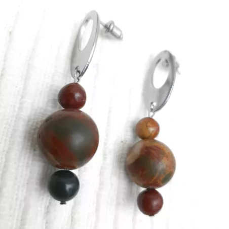 Boucles Pablo en jaspe Picasso et acier inoxydable argenté – Bijoux faits main Bouly&Cailloux