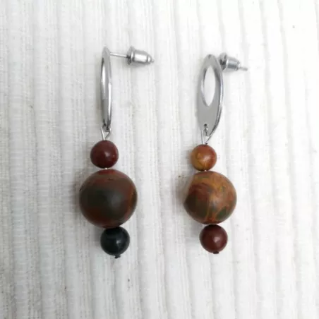 Boucles Pablo en jaspe Picasso et acier inoxydable argenté – Bijoux faits main Bouly&Cailloux