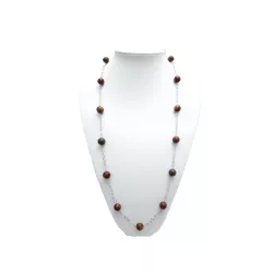 Collier long Picasso en jaspe rouge et vert, perles naturelles rondes 12 mm, chaîne acier inoxydable argenté