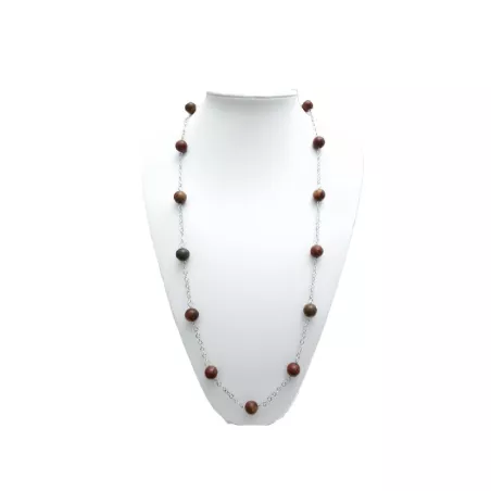 Collier long Picasso en jaspe rouge et vert, perles naturelles rondes 12 mm, chaîne acier inoxydable argenté – Bouly&Cailloux