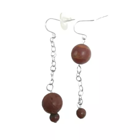Boucles Paulo en jaspe rouge et acier inoxydable argenté – Boucles d’oreilles pendantes artisanales Bouly&Cailloux
