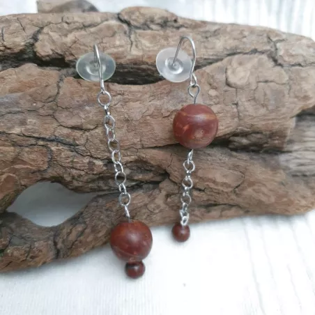Boucles Paulo en jaspe rouge et acier inoxydable argenté