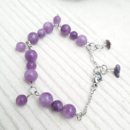 Bracelet Iris en calcédoine lilas et acier inoxydable argenté – Bracelet réglable 16 à 19 cm – Bouly&Cailloux