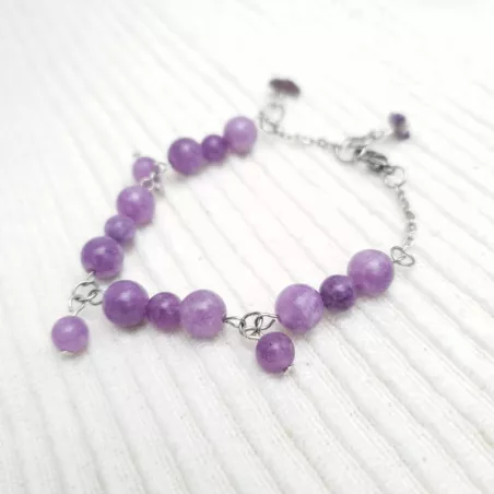Bracelet Iris en calcédoine lilas et acier inoxydable argenté – Bracelet réglable 16 à 19 cm – Bouly&Cailloux