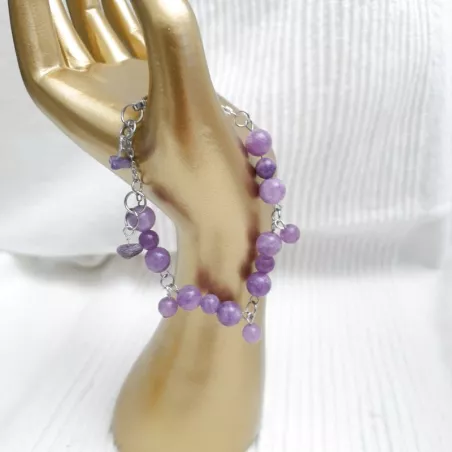 Bracelet Iris en calcédoine lilas et acier inoxydable argenté – Bracelet réglable 16 à 19 cm – Bouly&Cailloux