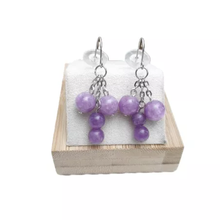 Boucles Bacchus en calcédoine lilas et acier inoxydable argenté – Boucles d’oreilles pendantes artisanales Bouly&Cailloux