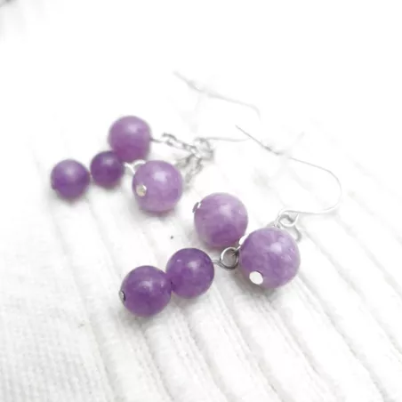 Boucles Bacchus en calcédoine lilas et acier inoxydable argenté – Boucles d’oreilles pendantes artisanales Bouly&Cailloux