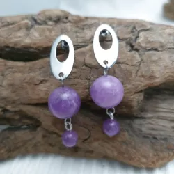Boucles d’oreilles Lilas en calcédoine violette 12 mm et 6 mm, acier inoxydable argenté