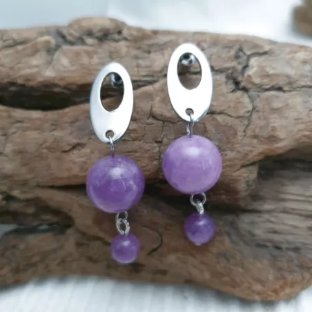 Boucles d’oreilles Lilas en calcédoine violette 12 mm et 6 mm, acier inoxydable argenté – Bouly&Cailloux