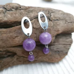 Boucles d’oreilles Lilas en calcédoine violette 12 mm et 6 mm, acier inoxydable argenté
