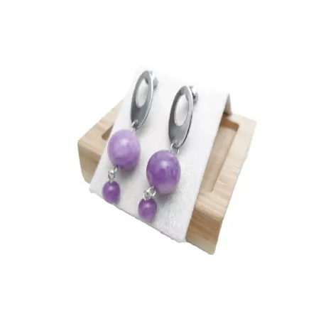 Boucles d’oreilles Lilas en calcédoine violette 12 mm et 6 mm, acier inoxydable argenté – Bouly&Cailloux