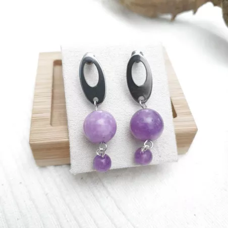 Boucles d’oreilles Lilas en calcédoine violette 12 mm et 6 mm, acier inoxydable argenté – Bouly&Cailloux