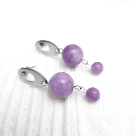 Boucles d’oreilles Lilas en calcédoine violette 12 mm et 6 mm, acier inoxydable argenté – Bouly&Cailloux