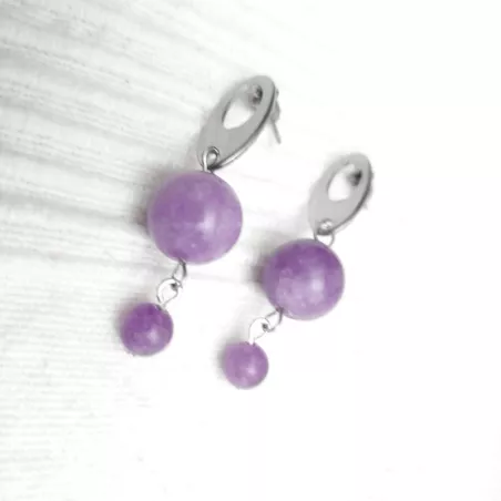 Boucles d’oreilles Lilas en calcédoine violette 12 mm et 6 mm, acier inoxydable argenté – Bouly&Cailloux