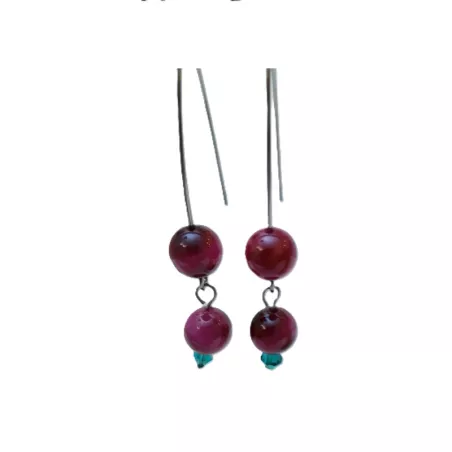 Boucles doreilles grands crochets en pierres naturelles oeil de tigre rose et perle de verre verte Bouly&Cailloux
