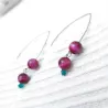 Boucles doreilles grands crochets en pierres naturelles oeil de tigre rose et perle de verre verte Bouly&Cailloux
