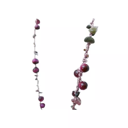 Collier crochet long en pierres naturelles oeil de tigre rose avec hematites et pierres irregulieres Bouly&Cailloux