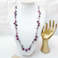 Collier crochet long en pierres naturelles oeil de tigre rose avec hematites et pierres irregulieres Bouly&Cailloux