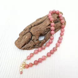 Collier en perles rondes de rhodonite et acier dore