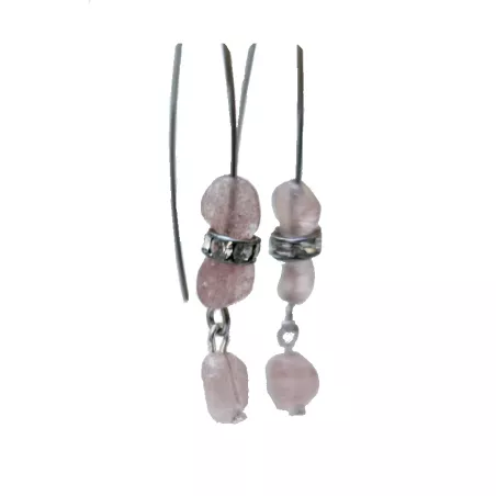 Boucles d'oreilles grands crochets en acier inoxydable et quartz rose
