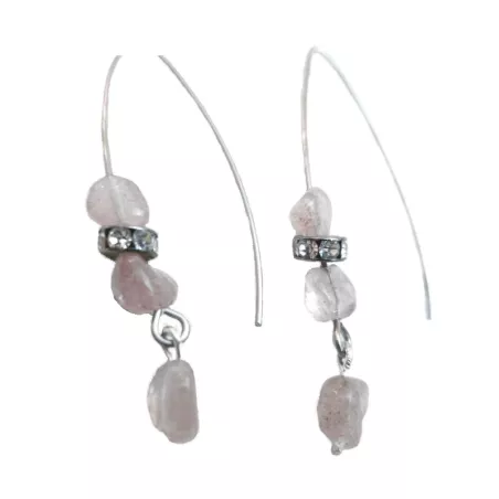 Boucles d'oreilles grands crochets en acier inoxydable et quartz rose